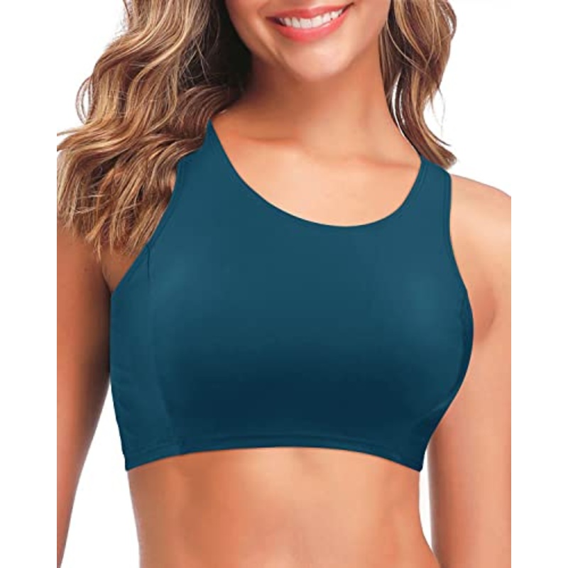 Swim Crop Top Women's Sports Bra Swimsuit Top High Neck Bikini Top