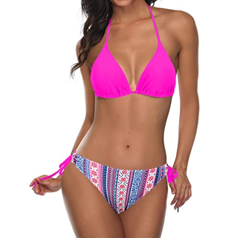 Trendy Halter Bikini Women's Two Piece Bathing Suit Padded Triangle Top Tie Side Bottom