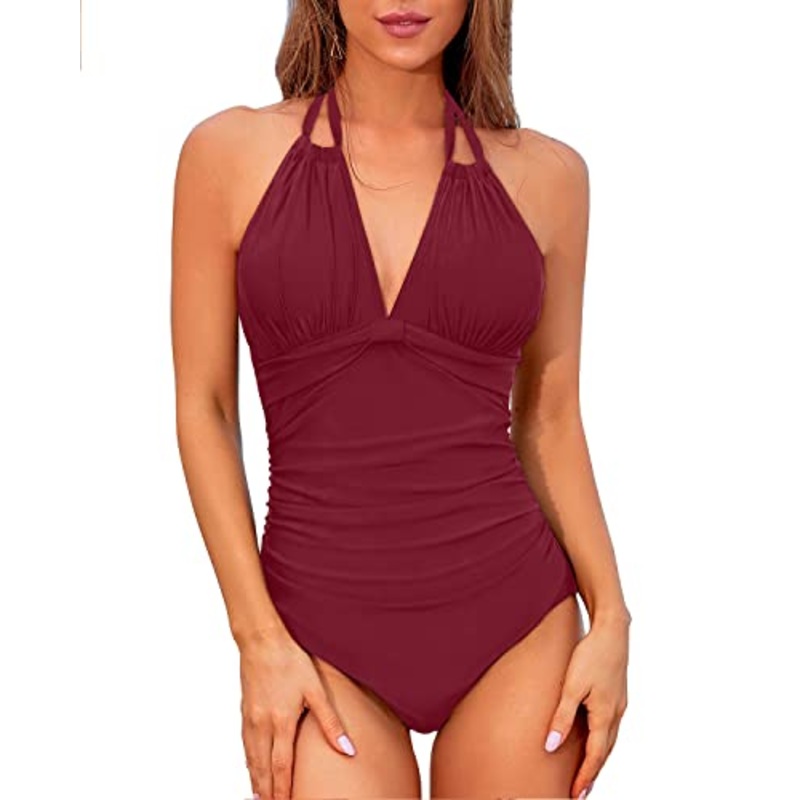 Tummy Control Halter One Piece Swimsuits Backless Swimwear-Maroon