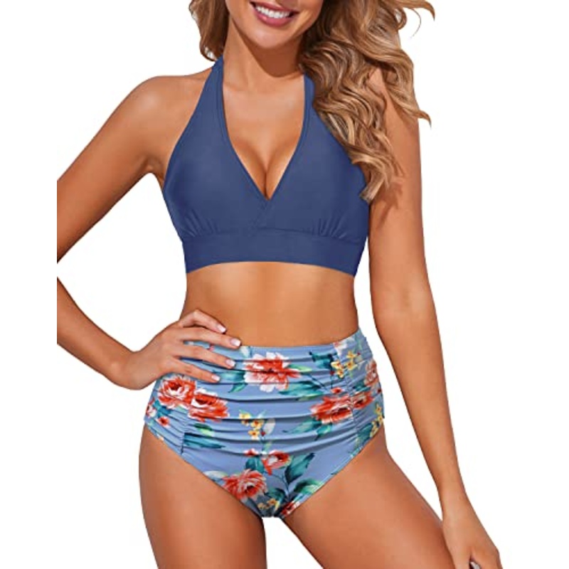 Tummy Control Push Up Halter Bikini Set for Women High Waisted Two Piece Swimsuits