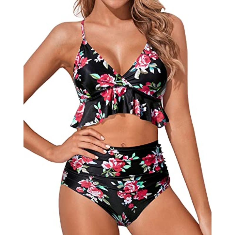 Two Piece Deep V neck Swimsuits High Waisted Ruffle Bikini Sets for Women