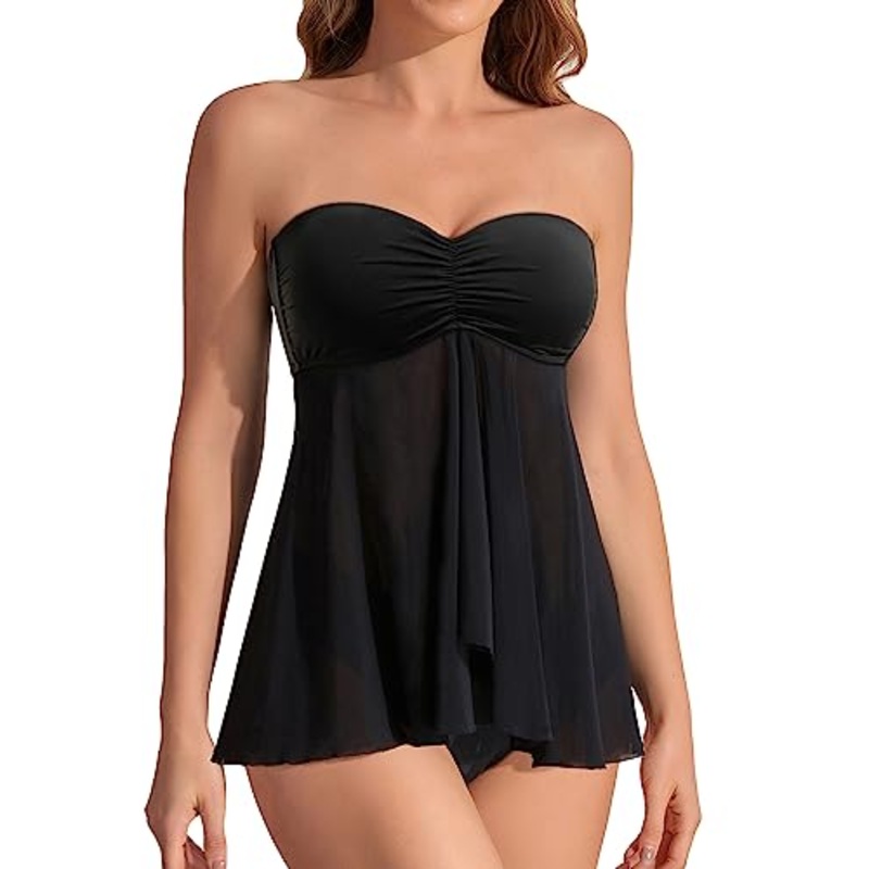 Two Piece Halter Bandeau Swimwear Tummy Control Tankini Top for Women