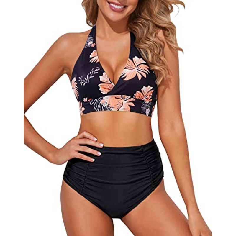 Two Piece High Waisted Bikini Set Halter Tummy Control Bottoms Bathing Suits for Women