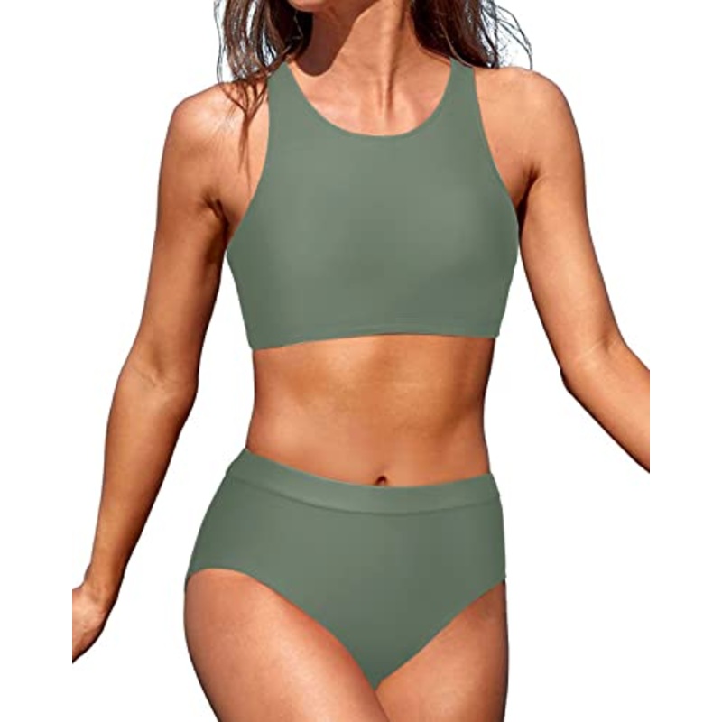 Two Piece High Waisted Bikini Swimsuits High Neck Sporty Bathing Suits for Teen Girls