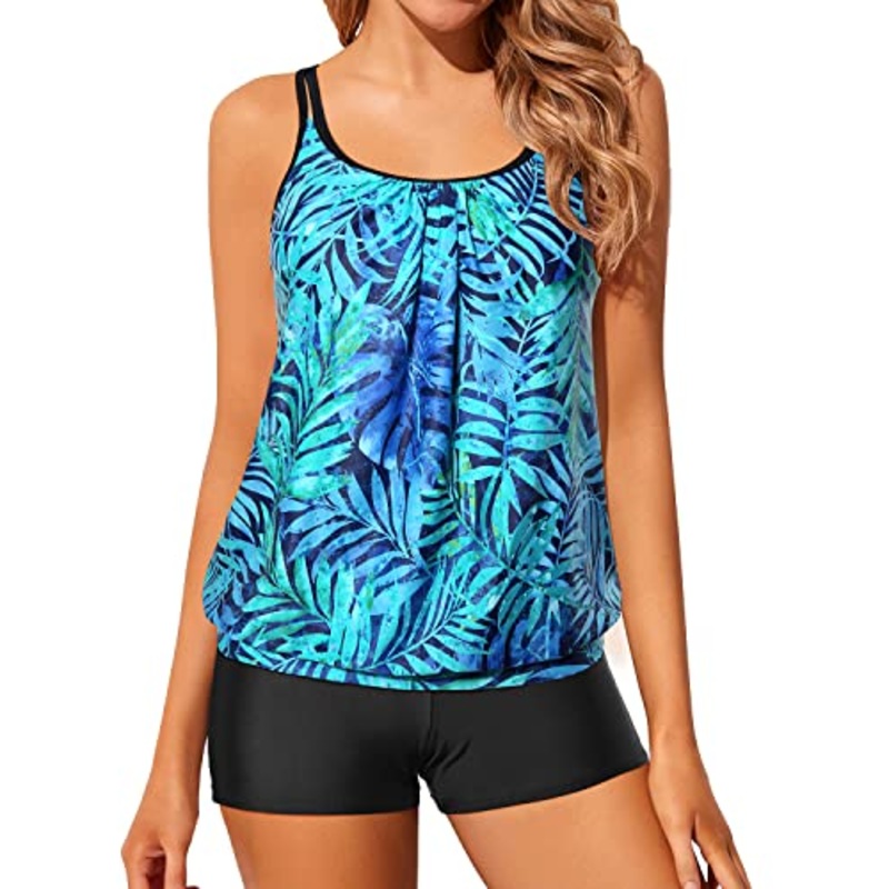 Two Piece Tankini Swimsuits Blouson Modest Swim Top Boyshort Blouses Bathing Suits