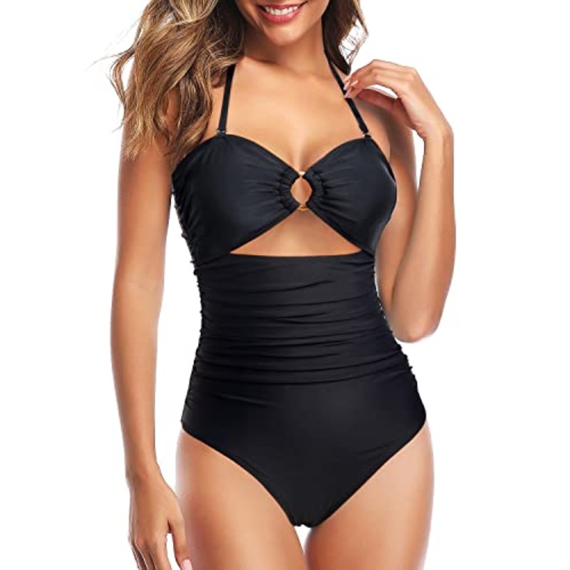 Women Cutout One Piece Swimsuits Tummy Control High Waisted Halter Bathing Suit