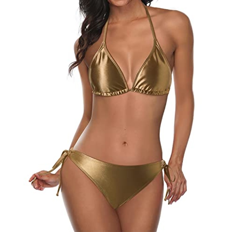Women's Halter Padded Triangle Bikini Two-Piece Bathing Suit with Tie Side Bottom