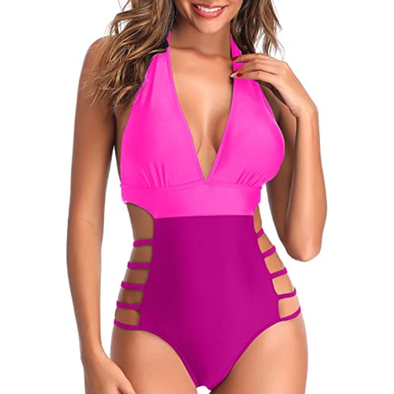 Women's High Leg Cutout One Piece Swimsuits Plunge V Neck Swimwear