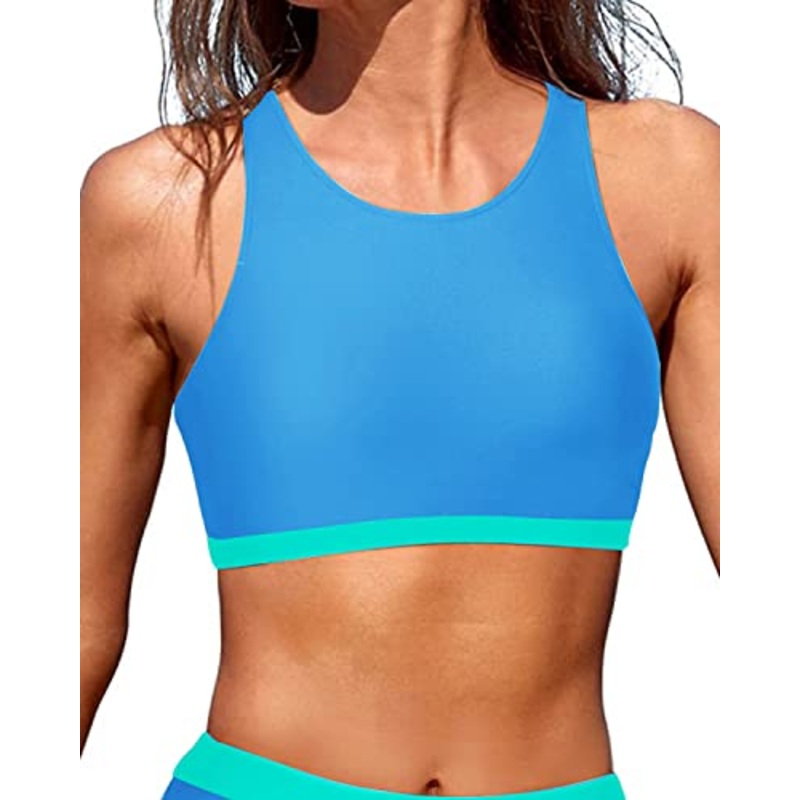 Women's High Neck Sports Bra Swimsuit Racerback Padded Bikini Crop Top Bathing Suits
