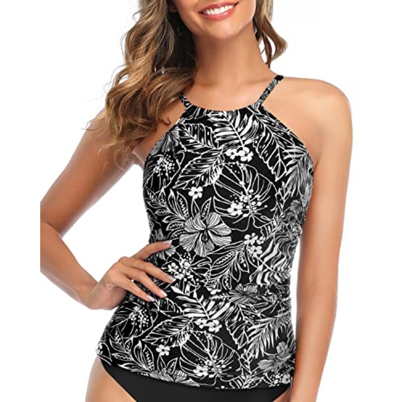 Women's High Neck Tankini Swim Top Tummy Control Ruched Bathing Suits