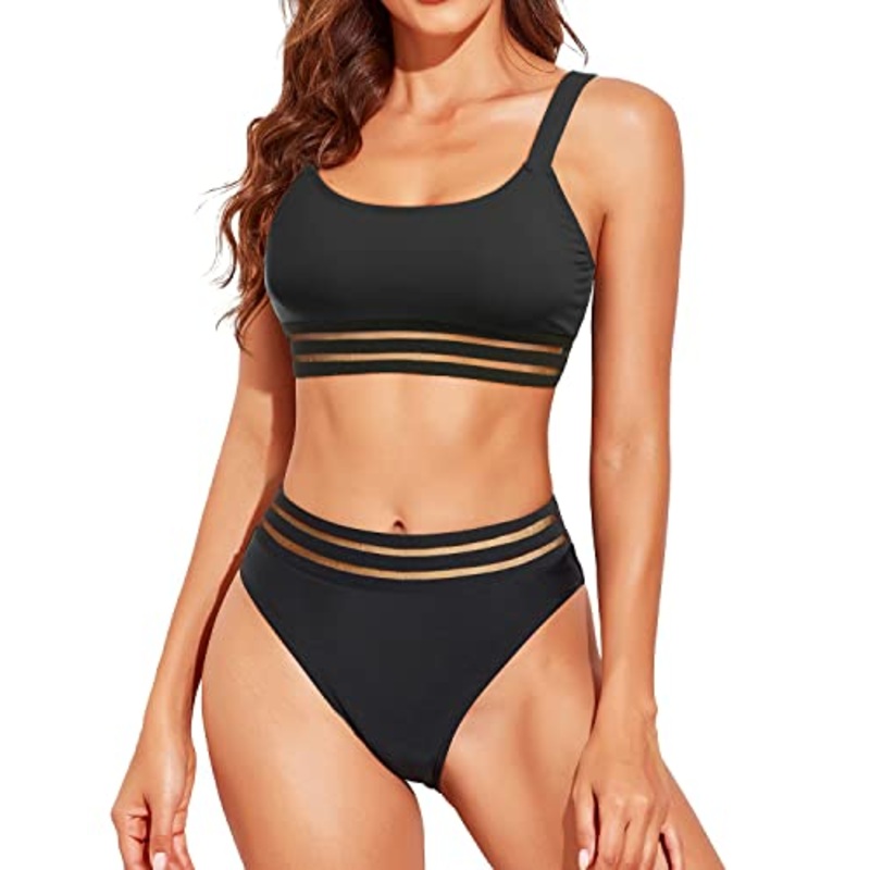 Women's High Waisted Bikini Swimsuits Teen Scoop Neck Two-Piece Bathing Suits
