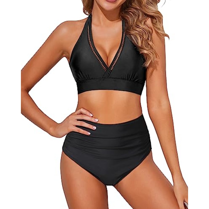 Women's High Waisted Two Piece Swimsuits Halter Tummy Control Bikini Sets