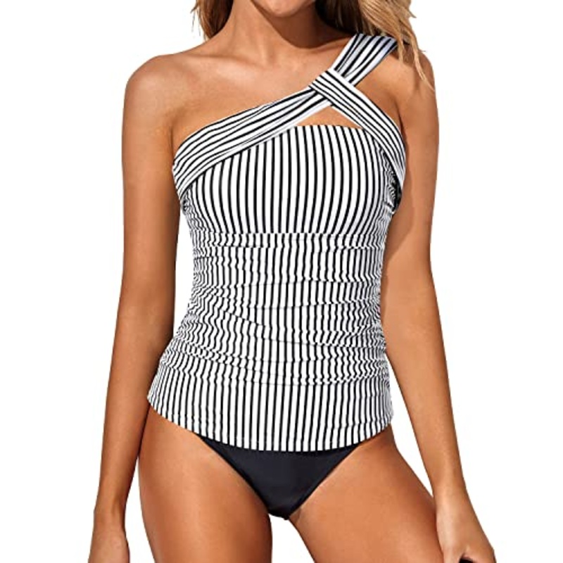 Women's One Shoulder Tankini Swimsuit Pull On Closure Two Piece Bathing Suits