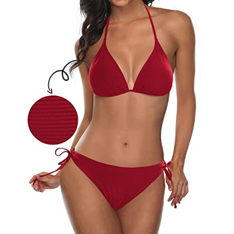 Women's Ribbed Halter Swimsuit Push-up Bikini Top and String Bottom
