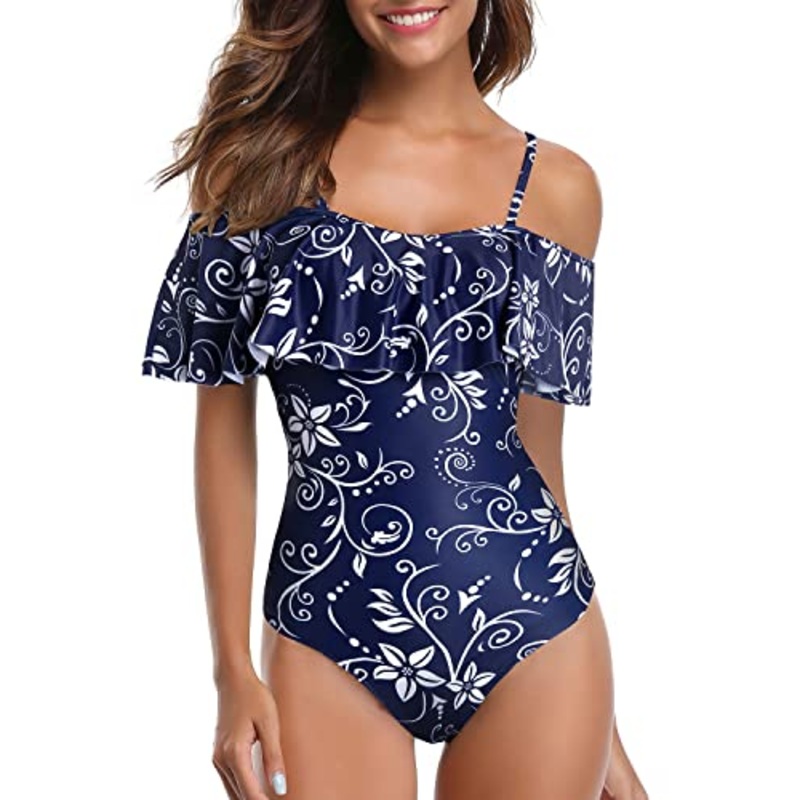 Women's Ruffle Tummy Control Bathing Suit Retro Off Shoulder One Piece Swimsuit