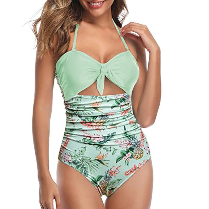 Women's Sexy Cutout One Piece Swimwear Tummy Control Halter Bathing Suit