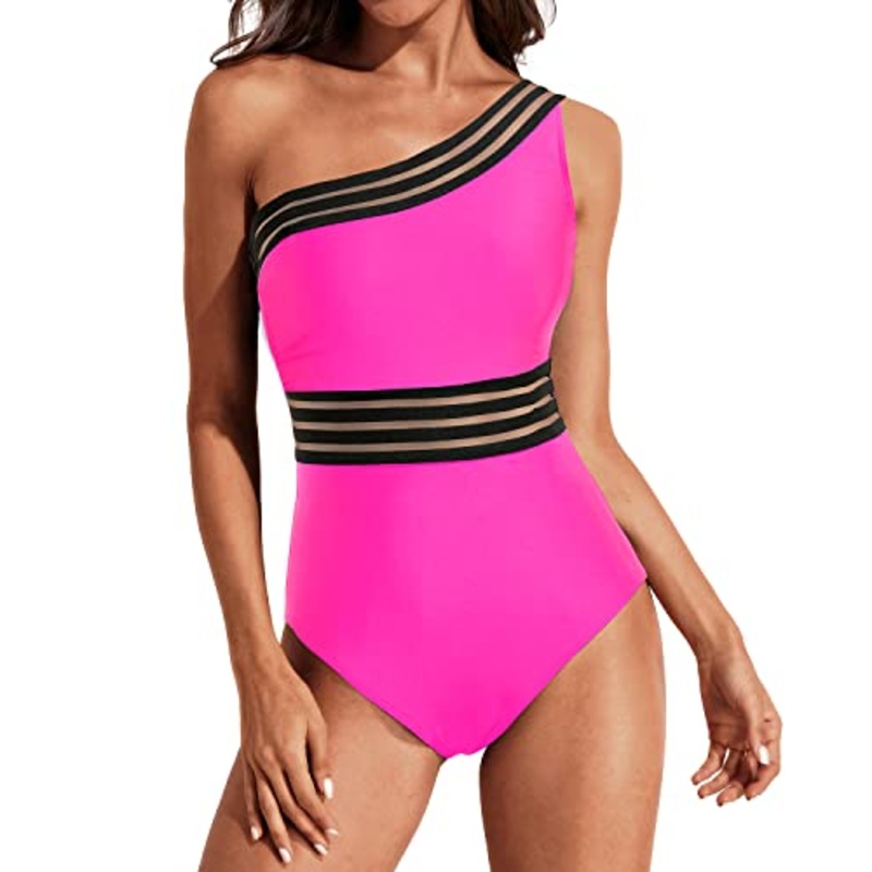 Women's Stylish Swimwear Mesh One Shoulder Tummy Control One Piece Swimsuits