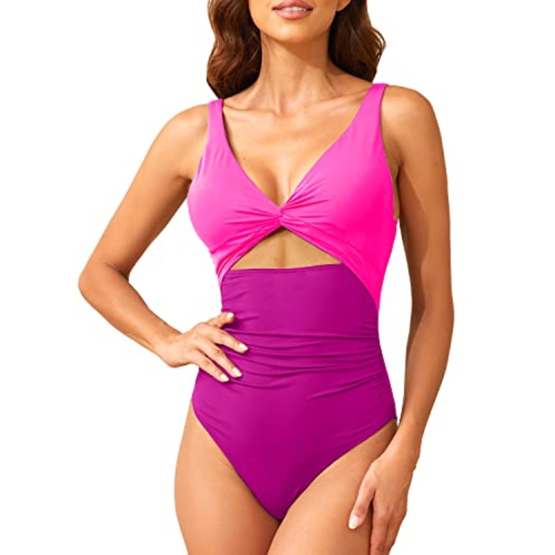Women's Tummy Control Cutout One Piece Swimsuits Ruched V Neck Bathing Suits