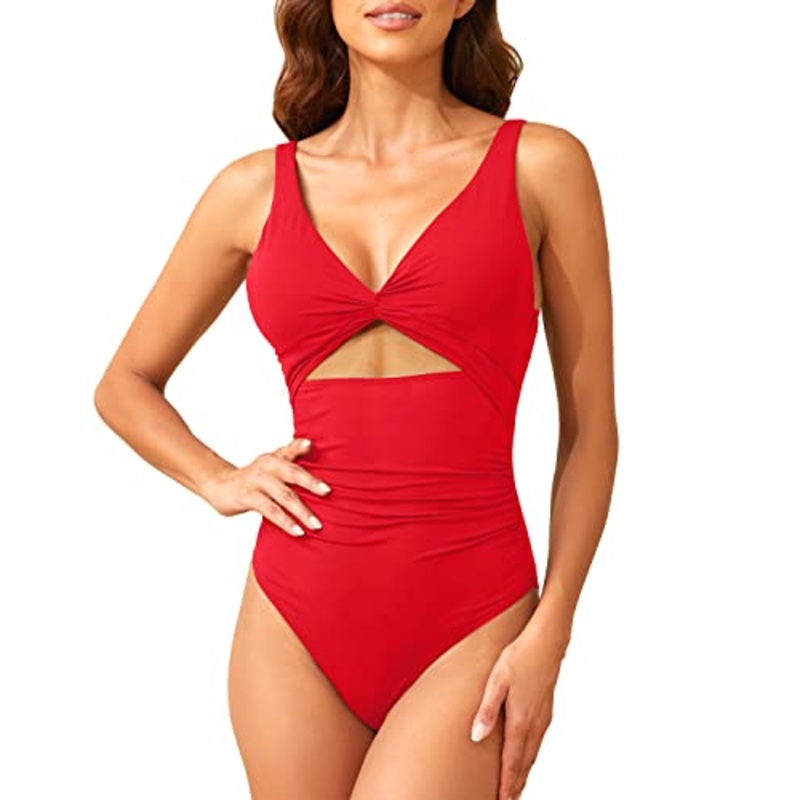 Women's Tummy Control Swimwear Cutout V Neck One Piece Swimsuits