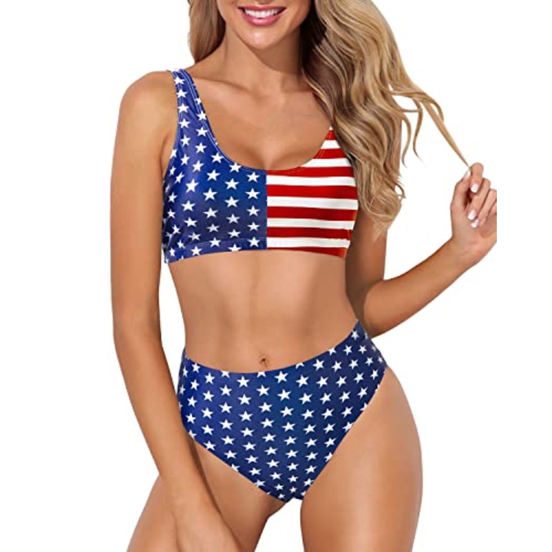 Women's Two Piece Scoop Neck Bikini Crop Top Vintage High Cut Swimsuit