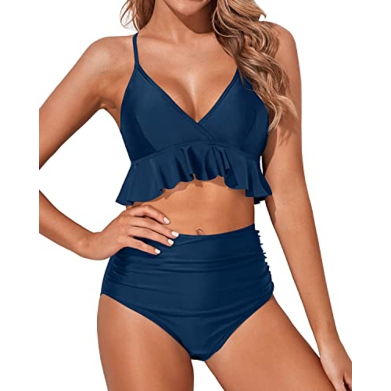 Women's V-Neck Two Piece Swimsuits Adjustable criss cross straps Bikini Sets