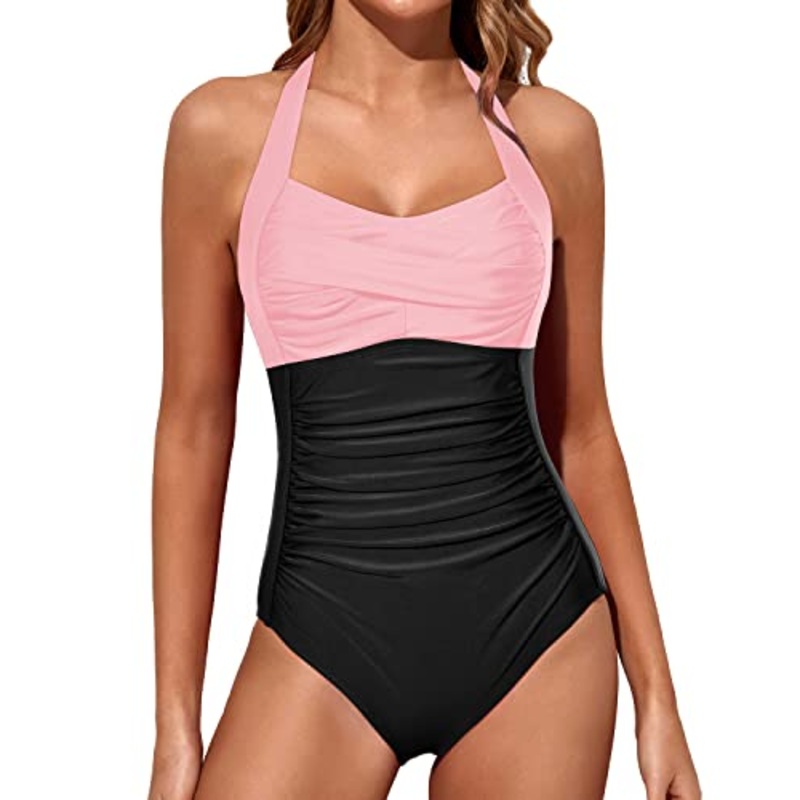 Women Tummy Control One Piece Swimsuits Halter Vintage Swimwear