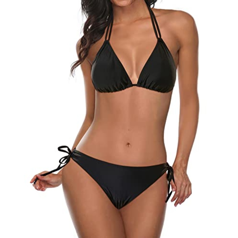 Women Two Piece Halter Padded Top Tie Side Bottom Triangle Bikini