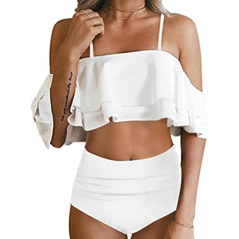 Women Two Piece High Waisted Bikini Set Ruffle Off Shoulder Bathing Suits