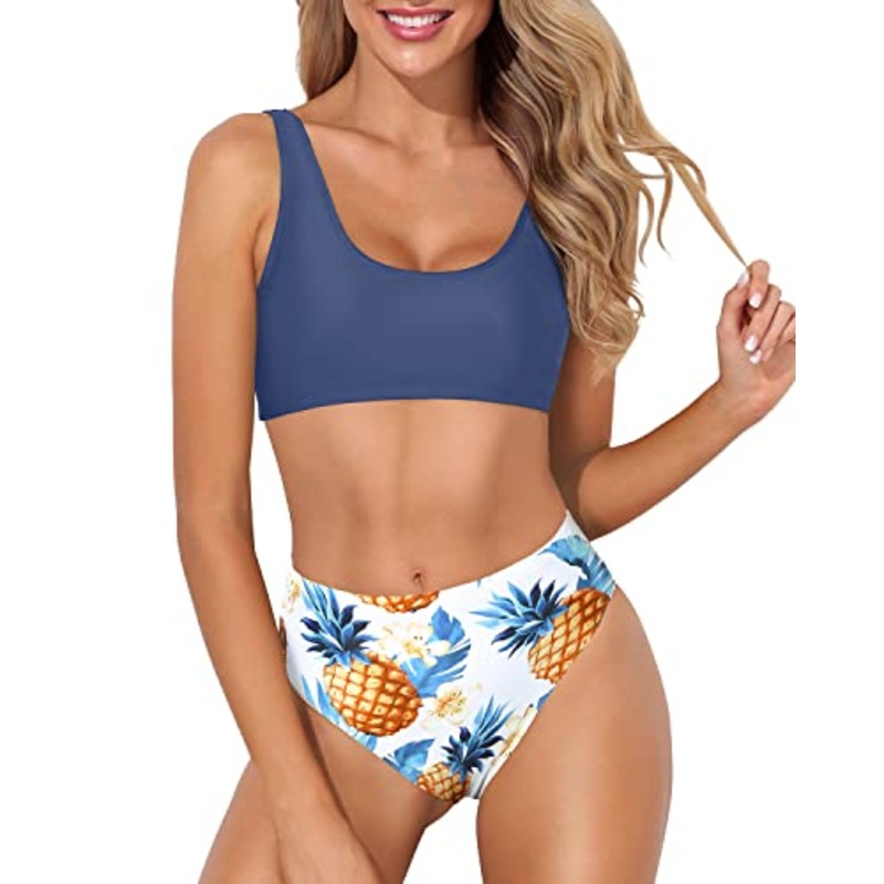 Women Two Piece Scoop Neck Bikini Crop Top High Cut Sporty Swimsuit
