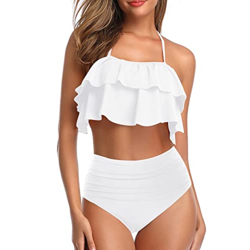 Women Two Piece Swimsuits High Waisted Bikini Ruffle Halter Bathing Suits