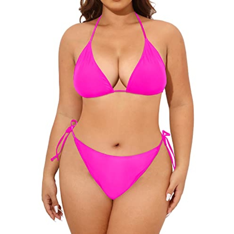 2 Piece Adjustable Halter Swimsuit Mid Waist Bottom for Women-Neon Pink