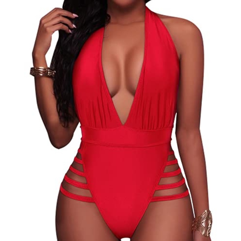 Adjustable Halter Tie Plunge Deep V Neck One Piece Swimsuits-Red
