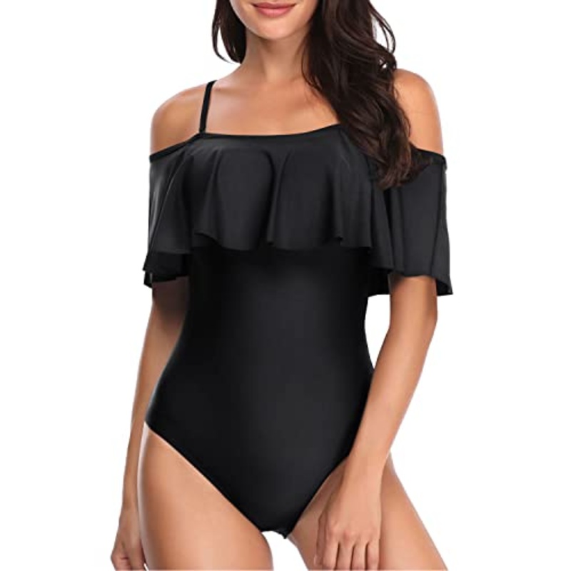 Adjustable Strap Off Shoulder Swimsuit Padded Bra For Women-Black