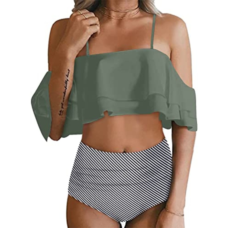 Adjustable Strap Off Shoulder Two Piece Swimwear-Navy Blue