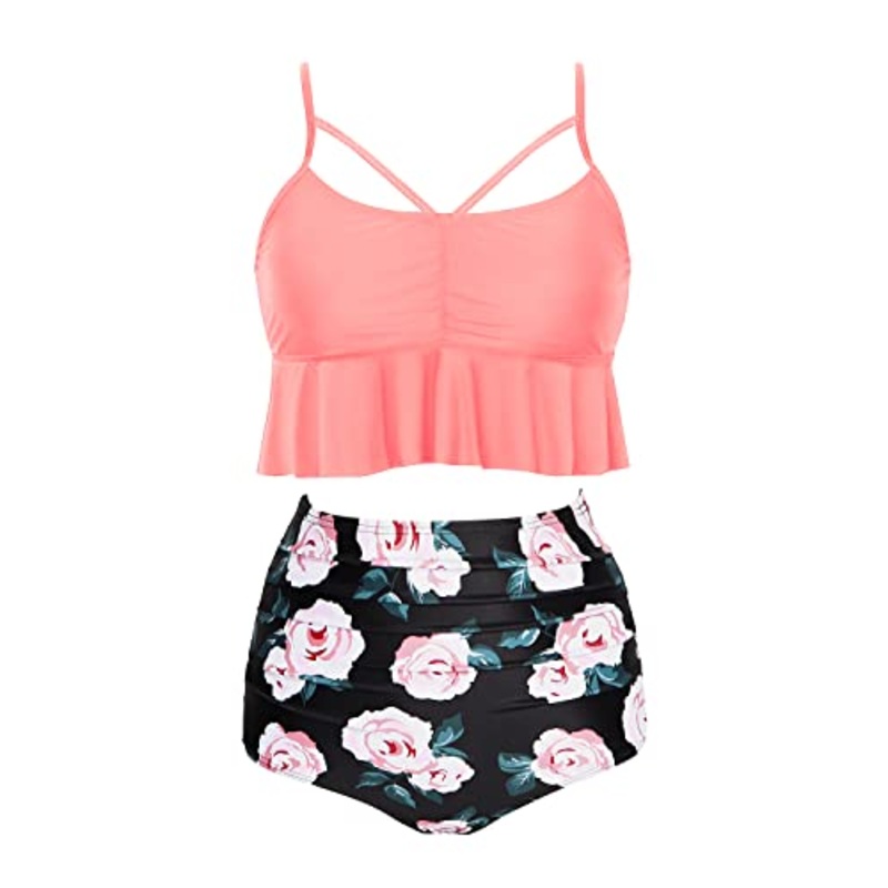 Adjustable Strap Retro High Waist Bikini Sets-Coral Pink Floral