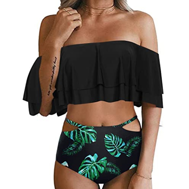 Adjustable Strap Ruffle Bikini Set For Women Tummy Control Bottoms-Black Leaf