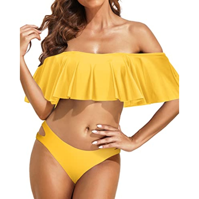 Alluring Two Piece Ruffle Off Shoulder Bikini Set For Women-Neon Yellow