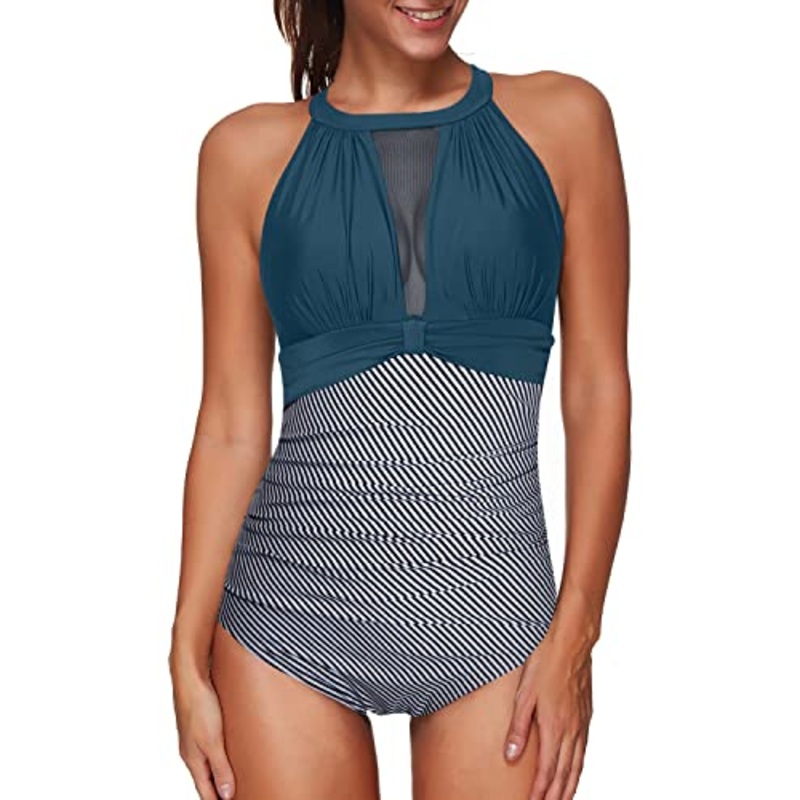 Charming Push-Up One Piece Swimsuit Neck Hook For Women-Teal Stripe