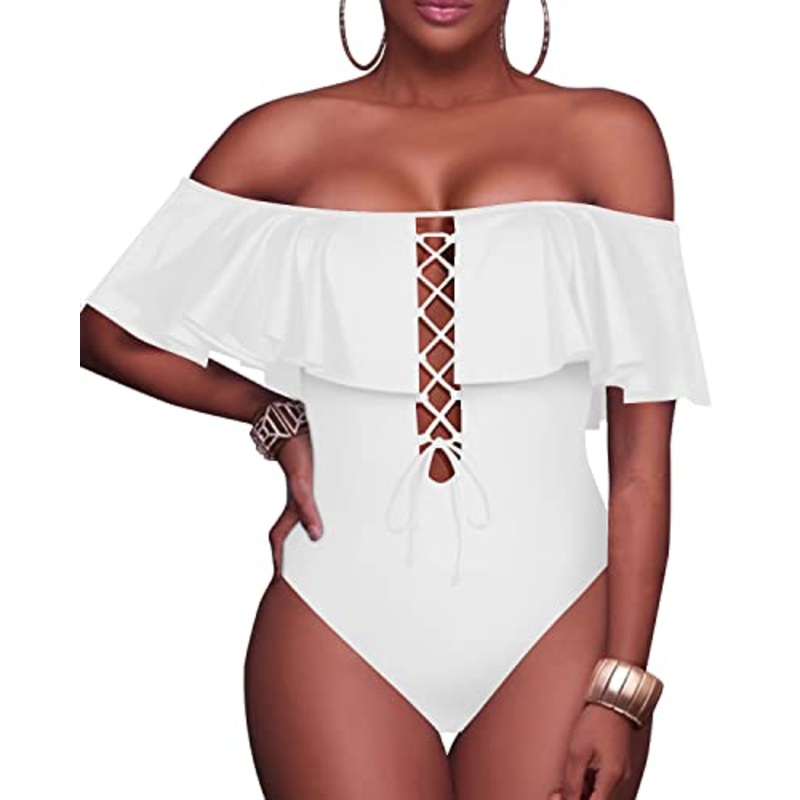 Charming Women's Lace Up Ruffled One Piece Bathing Suit-White