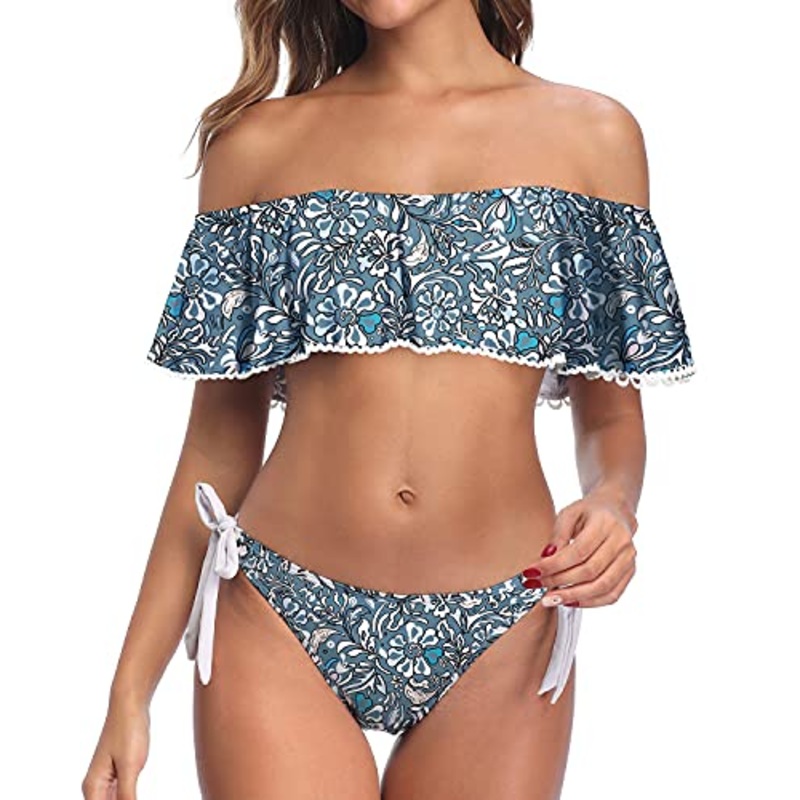 Cheeky Hipster Off Shoulder Ruffle Bikini For Women-Blue Floral