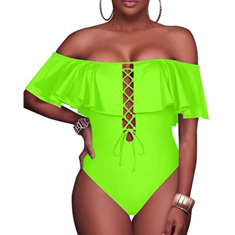 Chic Flounce Off The Shoulder One Piece Swimsuit For Girls-Neon Green
