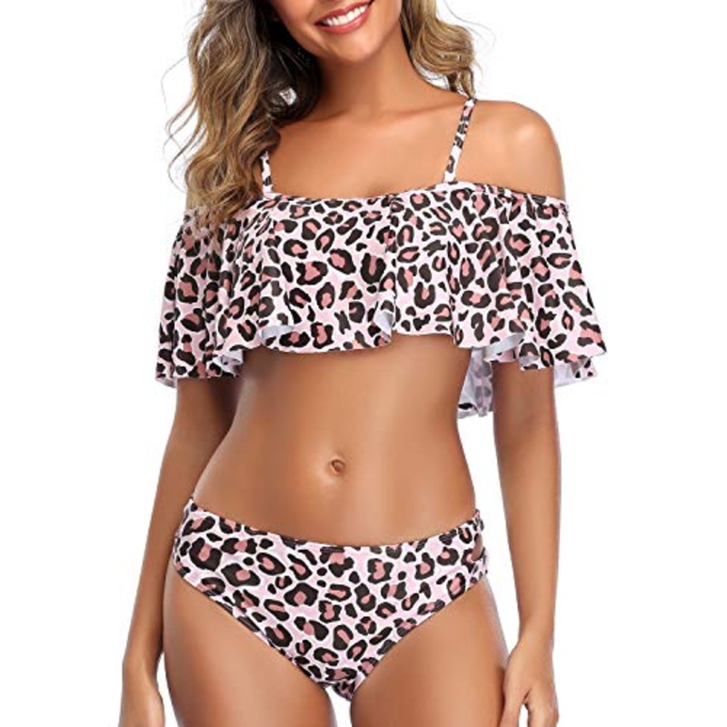 Chic Off The Shoulder Ruffle Bikini Set Low Rise Bottoms-Pink And Leopard