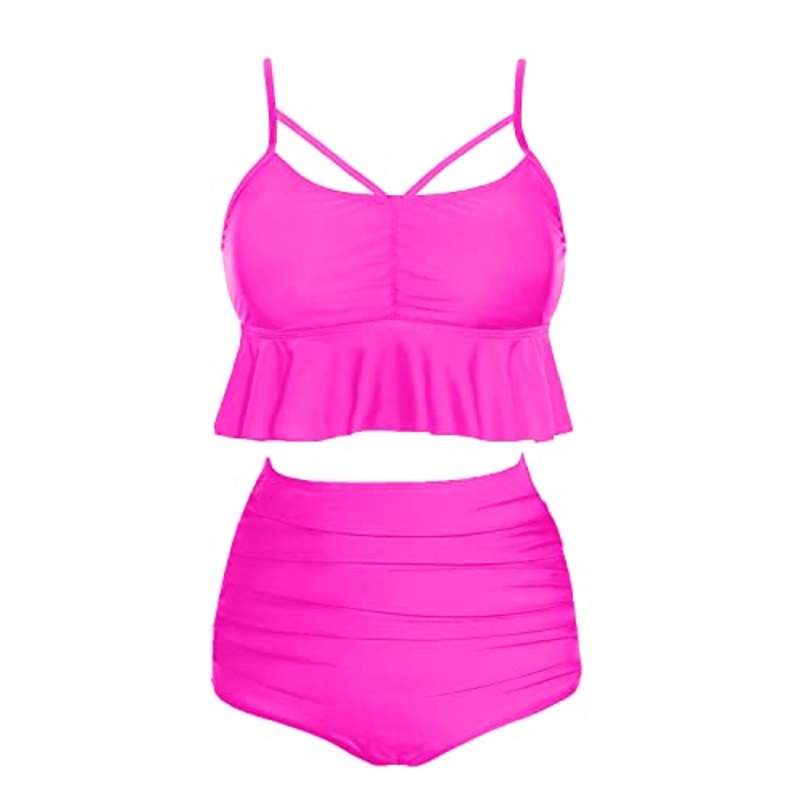 Curve-Hugging Full-Cover High Waist Bikini Sets-Neon Pink