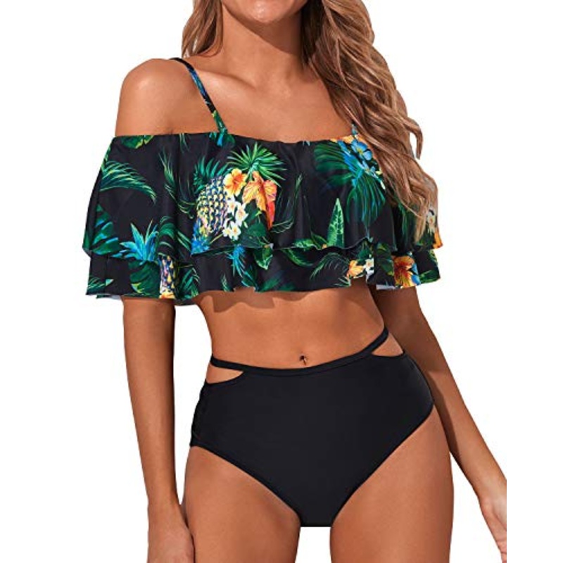 Cute Two Piece Swimsuit For Women High Waisted Ruched Bottoms-Black Pineapple