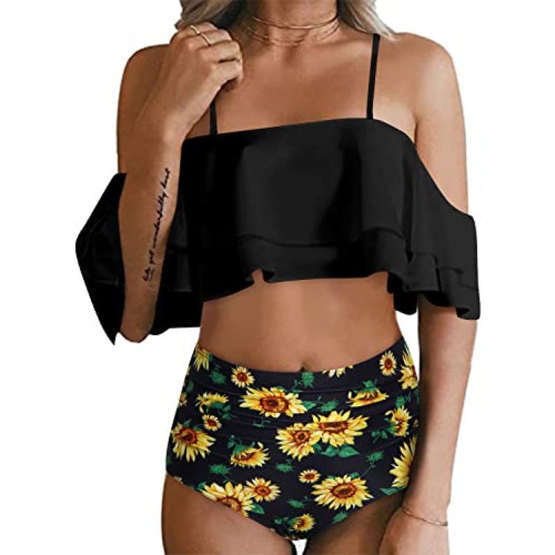 Elegant Off Shoulder Bikini Set For Women Tummy Control Bottoms-Black Sunflower