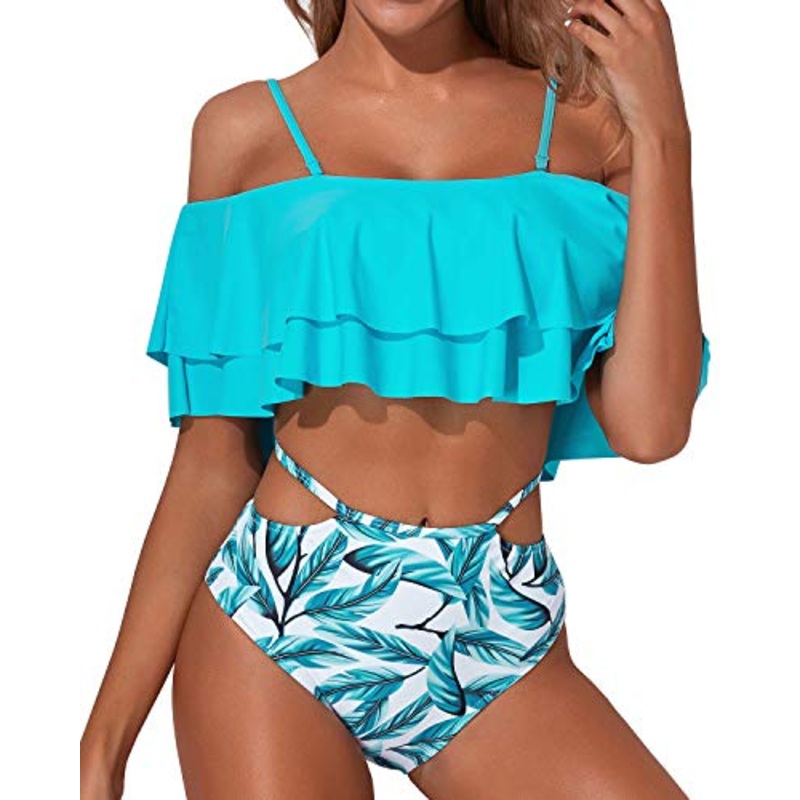 Fashionable Two Piece Bathing Suit For Women Tummy Control Bottoms-Light Blue Green Leaves