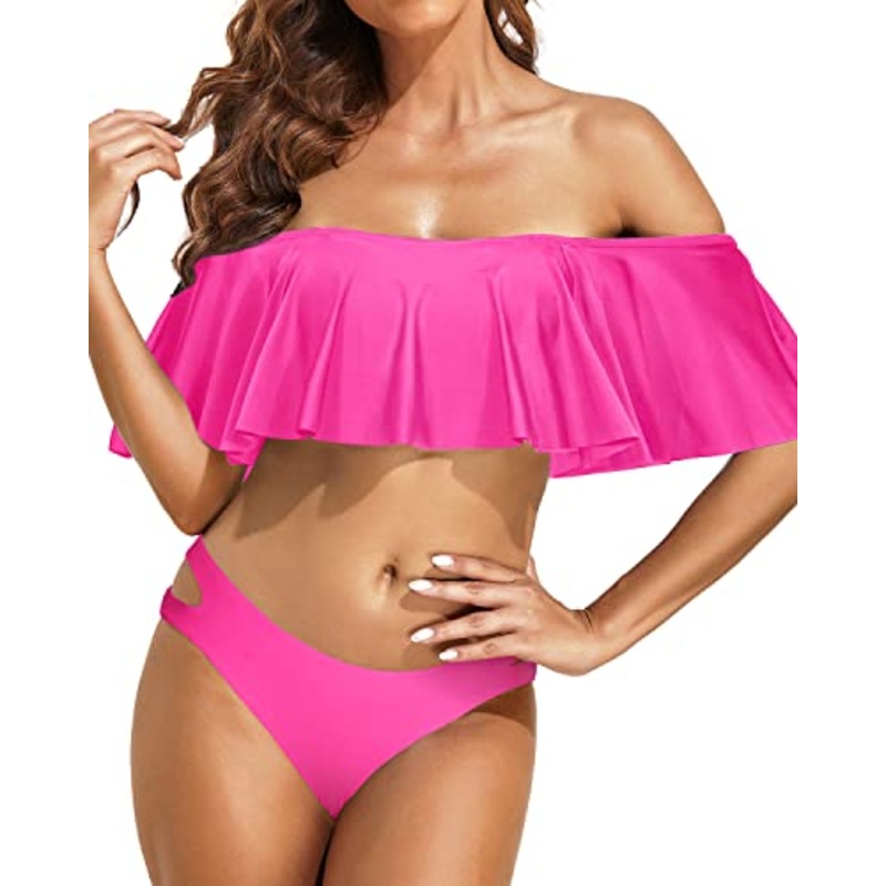 Feminine Two Piece Off Shoulder Ruffle Bikini Set For Women-Neon Pink