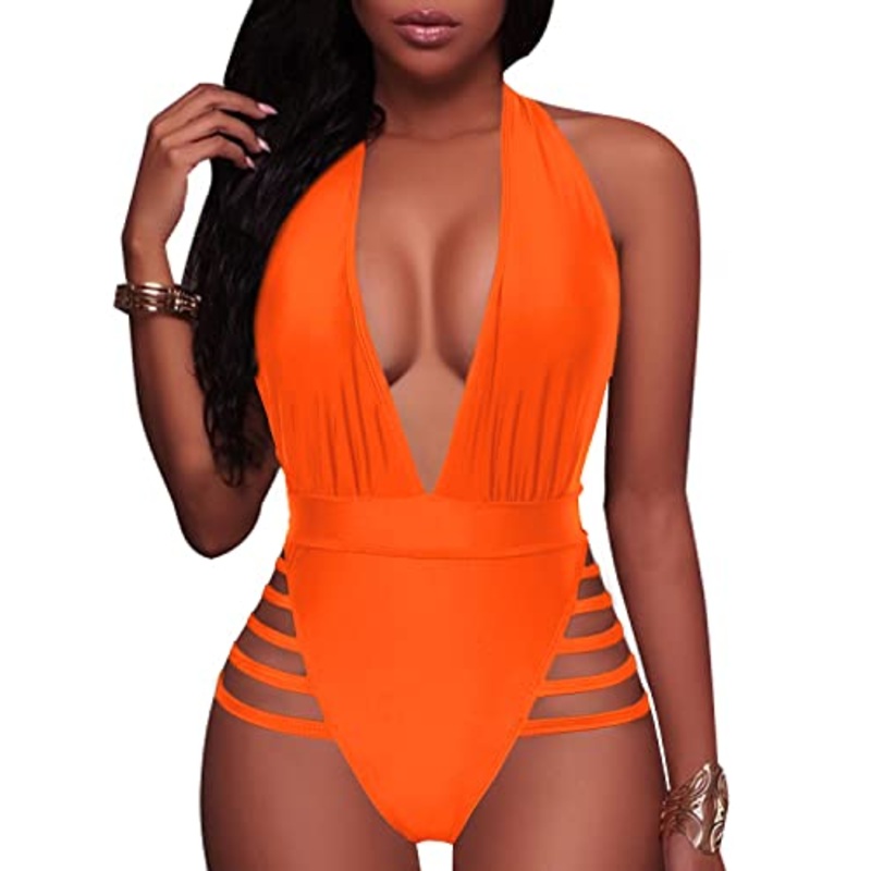 Flattering Halter Top Plunge Deep V Neck One Piece Swimsuits-Neon Orange
