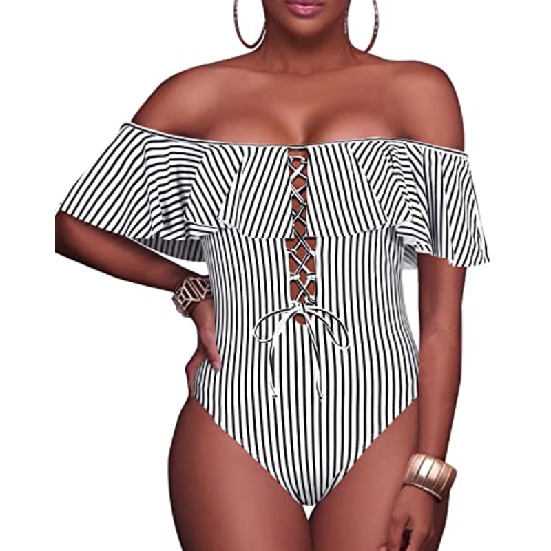Flattering One Piece Lace Up Ruffled Bathing Suit-Black And White Stripe