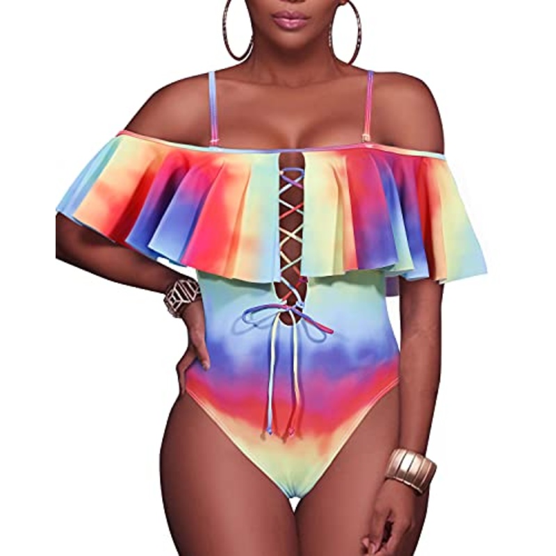 Flattering Ruffled Women Sexy One Piece Swimwear-Color Tie Dye